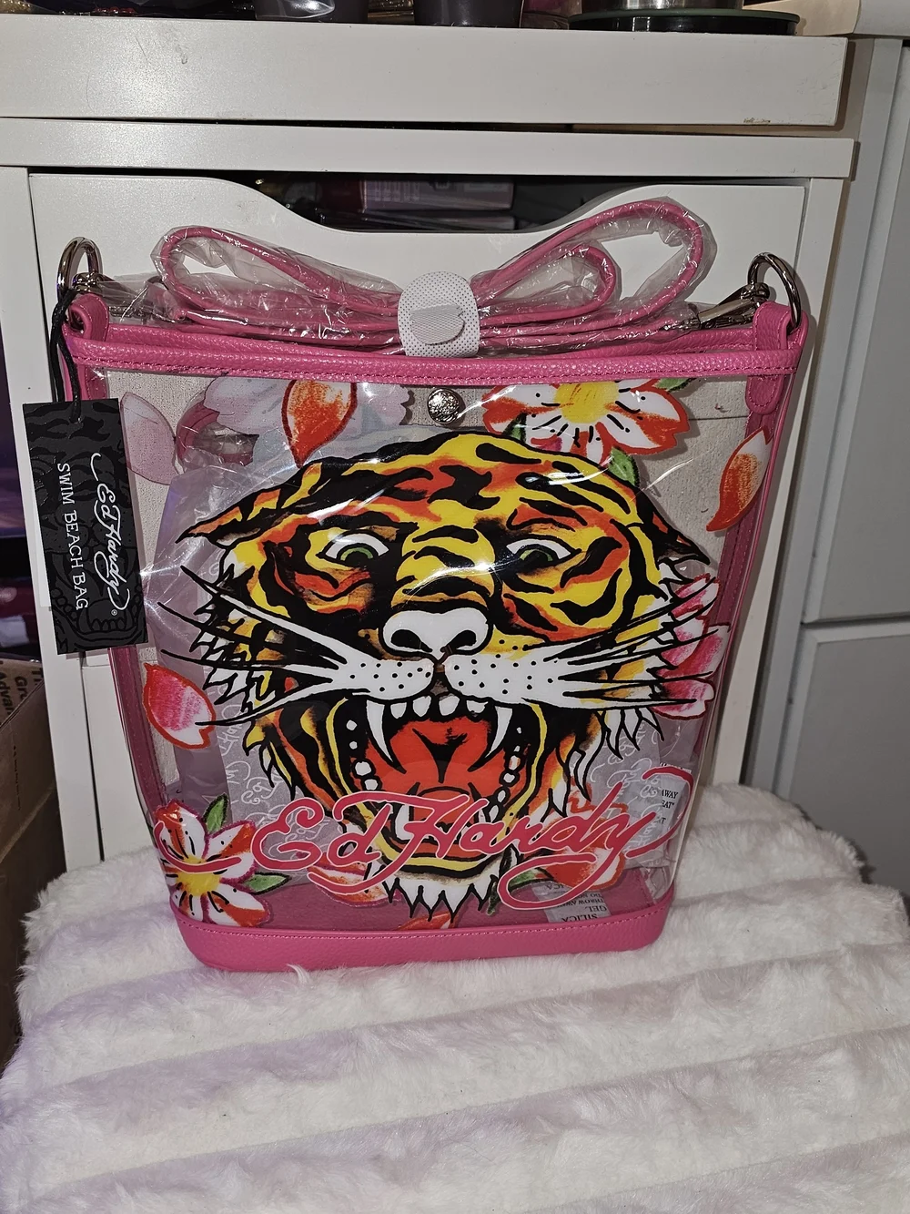 Ed Hardy Pink Clear Crossbody with Bold Tiger Graphic
